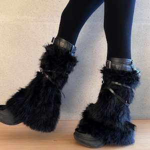 Solid Color Faux Fur Leg Warmers with Buckle Straps • Gothic Punk Y2K Fluffy Boot Covers • Red Black White Harajuku Rave Socks • Cyber Goth