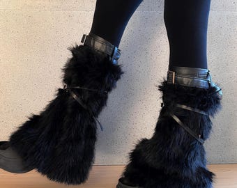 Solid Color Faux Fur Leg Warmers with Buckle Straps • Gothic Punk Y2K Fluffy Boot Covers • Red Black White Harajuku Rave Socks • Cyber Goth