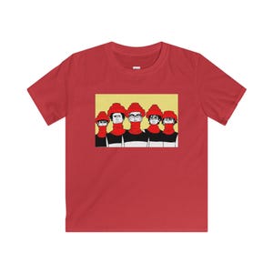 Devo-Inspired Kids T-Shirt, Fun Graphic Tee, Youth Softstyle Apparel, Unique Gift for Kids, Retro Style Shirt