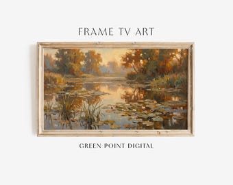 Cuadro de estanque con marco de atardecer de verano: Descarga de pintura floral de lago de verano