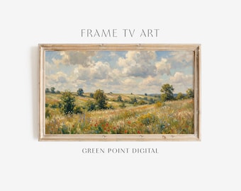 Cuadro de paisaje veraniego con colinas campestres: Descarga de pintura de paisaje floral de verano