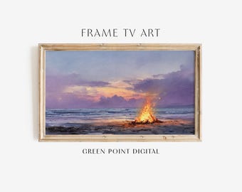 Aquarel strand vreugdevuur frame tv-kunst: gezellige schemering zomer landschap schilderij downloaden