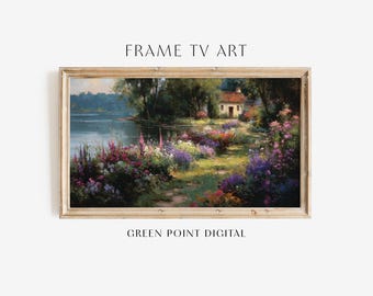 Cuadro de cabaña junto al lago de primavera: Cuadro floral de flores para TV