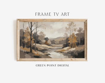 Marco neutro para TV con paisaje otoñal de bosque y río: Pintura abstracta de paisaje otoñal para descargar en TV.
