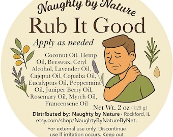 Puede incluir: Una etiqueta circular con el texto "Naughty by Nature Rub It Good" y una ilustración de una persona con dolor de hombro. La etiqueta enumera los ingredientes y el peso neto de 4,25 g.