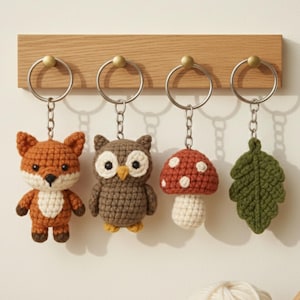 Waldtiere Schlüsselanhänger Häkelanleitung: Amigurumi Fuchs, Eule, Pilz (PDF)