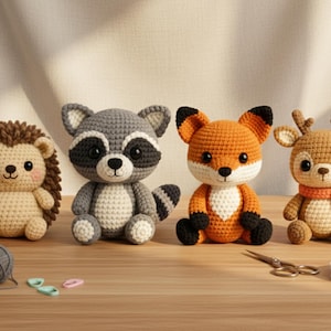 Waldtiere Häkelanleitungen-Set – Mini Waschbär, Fuchs, Reh & Igel | Amigurumi Bundle PDF
