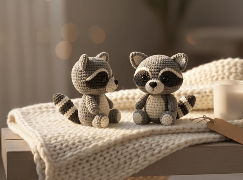 Forest friends posed with fall outfits—scarf, bow, pumpkin prop, witchy touches—showing accessory options for the amigurumi bundle.