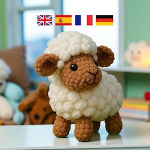 May include: A crochet sheep toy with a fluffy white body and brown details. The sheep has a brown head, ears, and legs. It is standing on a white surface. The background includes other toys and a window.