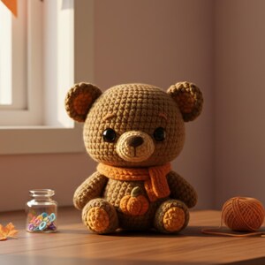 Puede incluir: Un oso de peluche tejido a mano con un pañuelo de calabaza y detalles de calabaza en los pies y el vientre. El oso es marrón con ojos negros y una nariz marrón. Un pequeño frasco de vidrio con alfileres de colores y una madeja de hilo naranja están junto al oso. También hay una hoja de otoño.