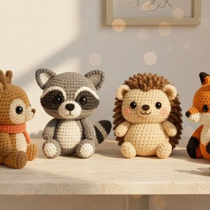 Group photo of four amigurumi mini plush—raccoon, fox, deer with scarf, and hedgehog—woodland animals crochet toys in a fall forest bundle, beginner friendly PDF patterns.