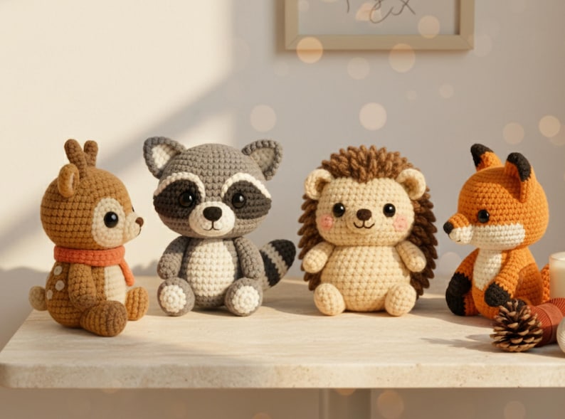 Group photo of four amigurumi mini plush—raccoon, fox, deer with scarf, and hedgehog—woodland animals crochet toys in a fall forest bundle, beginner friendly PDF patterns.