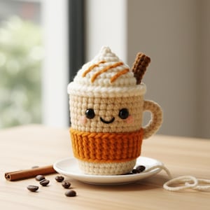 May include: A handmade crocheted coffee cup with a smiling face, topped with cream and a cinnamon stick. The cup has an orange cosy and sits on a white saucer with coffee beans and a cinnamon stick. A charming, handcrafted item.