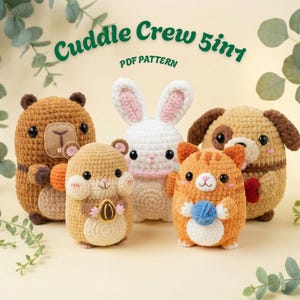 Crochet Capybara Pattern Bundle, Cat Dog Bunny Hamster Amigurumi, Low Sew Cuddle Crew, Beginner PDF