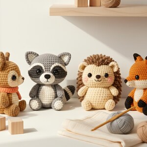 Close-up of a cute orange fox amigurumi mini plush with cream belly and black paws, styled with autumn leaves; easy woodland crochet pattern.