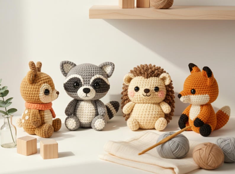 Close-up of a cute orange fox amigurumi mini plush with cream belly and black paws, styled with autumn leaves; easy woodland crochet pattern.