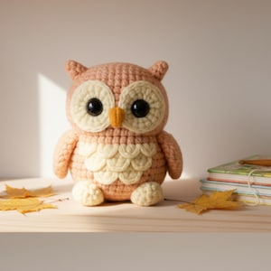 May include: A peach and cream crochet owl with large black eyes and a yellow beak. The owl sits on a wooden shelf with autumn leaves and books. A ball of yarn is also on the shelf. The owl is a charming handmade item.