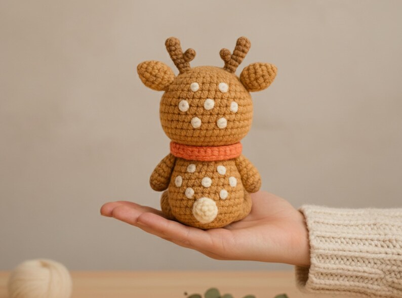 Hand holding a fox mini plush beside a ruler to show 5–7 inch finished size; perfect pocket-size woodland crochet toy.