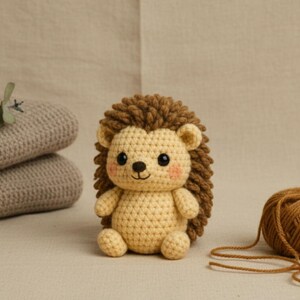 Round hedgehog amigurumi with loop-stitch spines and sweet smile; cute mini plush pattern for woodland nurseries and gifts.