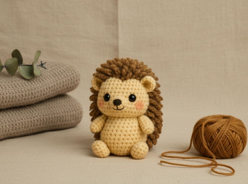 Round hedgehog amigurumi with loop-stitch spines and sweet smile; cute mini plush pattern for woodland nurseries and gifts.