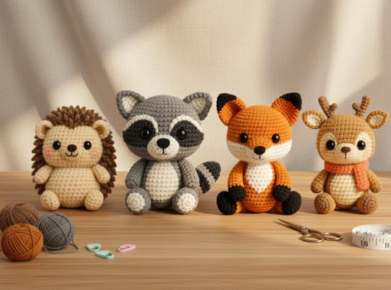 Group photo of four amigurumi mini plush—raccoon, fox, deer with scarf, and hedgehog—woodland animals crochet toys in a fall forest bundle, beginner friendly PDF patterns.