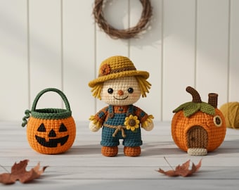 Halloween Crochet Pattern Bundle – 3 PDF: Scarecrow, Pumpkin Pouch & Pumpkin House