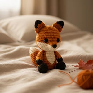 Small gray raccoon amigurumi with mask and ringed tail sitting upright; beginner friendly crochet toy from woodland animals set.