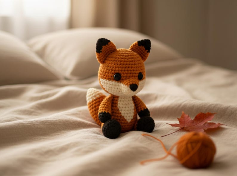 Small gray raccoon amigurumi with mask and ringed tail sitting upright; beginner friendly crochet toy from woodland animals set.