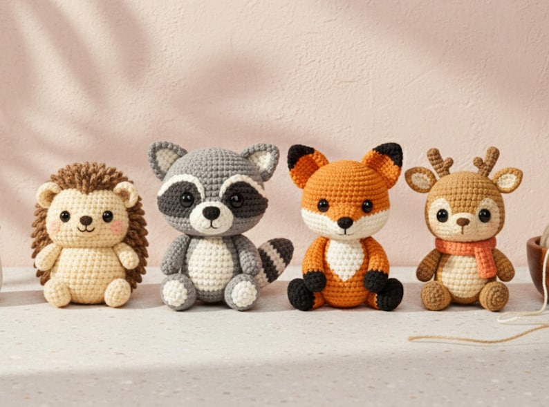 Close-up of amigurumi fabric showing neat color change and invisible decrease technique used in the woodland animal patterns.