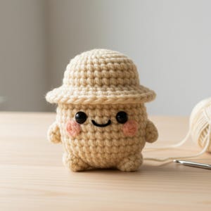 May include: A handmade, beige crochet mushroom figure with a hat, black eyes, and rosy cheeks. The amigurumi is on a wooden surface, with a ball of yarn and a crochet hook in the background. The mushroom has small arms and legs.