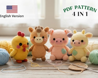 Farm Animals Crochet Pattern Set – 4 PDFs | Mini Cow, Donkey, Pig, Chick