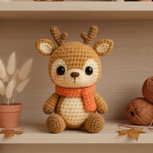 Brown deer amigurumi wearing a pumpkin-orange scarf; cozy fall decor crochet pattern from forest friends bundle.