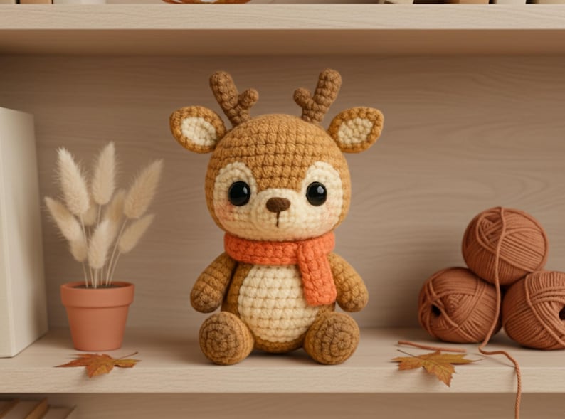 Brown deer amigurumi wearing a pumpkin-orange scarf; cozy fall decor crochet pattern from forest friends bundle.