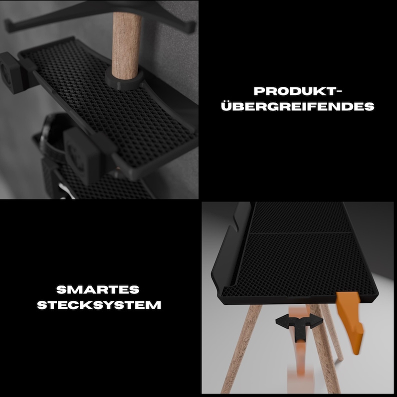 Peut inclure: Une &eacute;tag&egrave;re modulaire compos&eacute;e de plateformes rectangulaires noires &agrave; surface grillag&eacute;e textur&eacute;e, soutenues par des tiges en bois clair. Le syst&egrave;me comprend des crochets en plastique orange et affiche le texte allemand PRODUKT-&Uuml;BERGREIFENDES et SMARTES STECKSYSTEM.