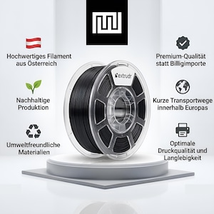Peut inclure: Une bobine de filament pour imprimante 3D noire avec un cadre en plastique transparent, portant la marque extrudr sur l'&eacute;tiquette. La bobine est entour&eacute;e de texte et d'ic&ocirc;nes soulignant la production autrichienne et la durabilit&eacute;.