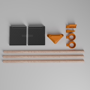 Peut inclure: Un ensemble de composants comprenant trois tiges en bois clair, deux panneaux rectangulaires noirs avec une texture en maille fine, une pi&egrave;ce triangulaire orange et quatre petites pi&egrave;ces de quincaillerie orange dont deux anneaux et deux supports.