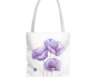Lila Mohn Aquarell Tragetasche | Schönes florales Blumenmuster Umweltfreundliche Einkaufstasche, Geschenke, den täglichen Gebrauch, Reisetasche, Strand