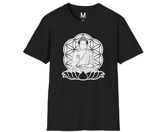 Buddha Lotus Flower - Heilige Geometrie - Geometrisches Mandala T-Shirt - Unisex Softstyle Top Yoga & Meditation, spirituelle Seelen, Samen des Lebens