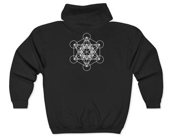 Metatron's Cube - Unisex Kapuzenpullover mit durchgehender Reißverschluss und Heilige Geometrie Design | Gemütlicher Layer für Yoga Meditation Alltag tragen Blume des Lebens PsyTrance