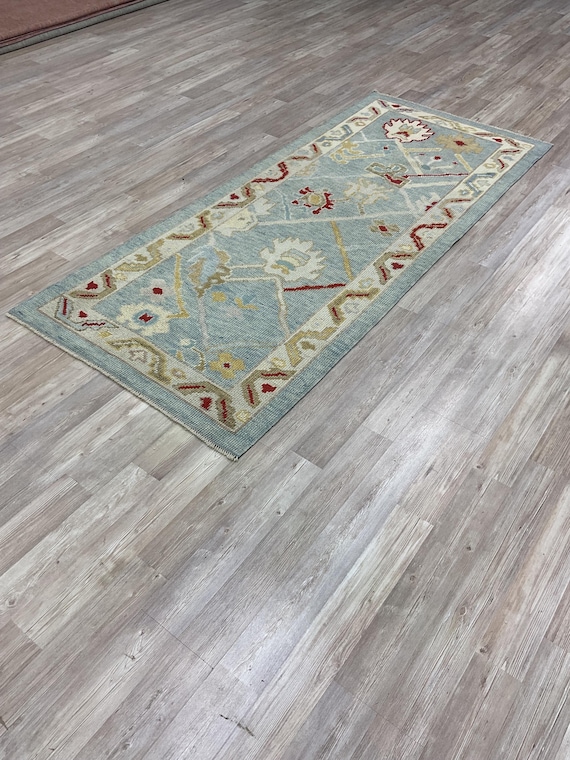 100x200 Handgefertigter Teppich Läufer aus Oushak Wolle: Türkischer Teppich im Stil eines Teppichs im Vintage-Stil