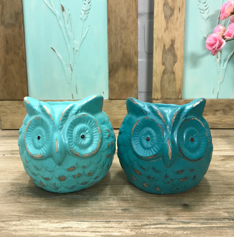 Puede incluir: Dos macetas de cer&aacute;mica en forma de b&uacute;ho de color azul turquesa con pintura desgastada. Los b&uacute;hos tienen ojos grandes y un pico detallado.