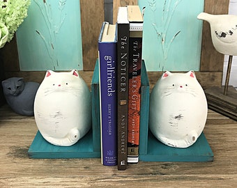 Fat Cat Figurines Set of Bookends Chubby Cats Book Ends Rustic Farmhouse Décor Cat Lover Housewarming Gift Nursery Decor Baby Shower Gift