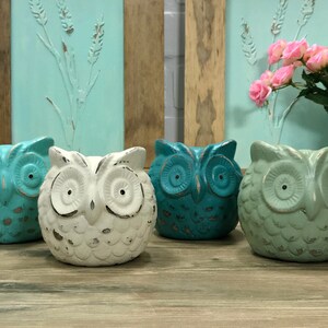 Puede incluir: Cuatro figuritas de b&uacute;ho de cer&aacute;mica en varios tonos de azul y verde. Los b&uacute;hos tienen ojos blancos y est&aacute;n desgastados para un aspecto vintage.