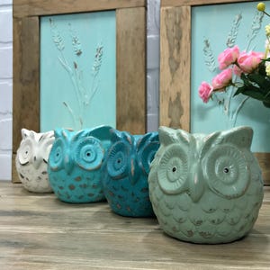 Puede incluir: Cuatro macetas de cer&aacute;mica con forma de b&uacute;ho en diferentes tonos de azul y blanco. Los b&uacute;hos est&aacute;n todos mirando hacia adelante y tienen un acabado de pintura desgastado.