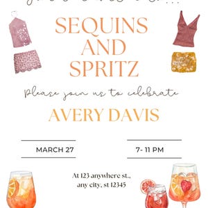 Puede incluir: Invitación en acuarela con el texto "SEQUINS AND SPRITZ" y "AVERY DAVIS". La invitación incluye ilustraciones de cócteles y un atuendo con lentejuelas. La fecha es el 27 de marzo, de 19 a 23 horas.