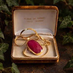 May include: A gold-toned necklace with a large, rectangular, faceted magenta gemstone pendant in a gold setting, resting inside a vintage-style velvet jewellery box. The interior lid of the box features the text PLAQUE OR GARANTIT TAILLE DIAMANT.