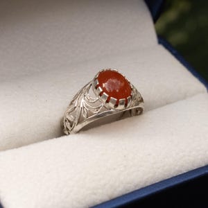 Könnte beinhalten: Ein silberner Ring mit einem ovalen, rot-orangen Edelstein. Der Ring hat ein detailliertes, offenes Design am Band, das ein Blumen- oder Blättermuster aufweist. Der Ring wird in einer blauen Schmuckschatulle mit weißem Innenraum präsentiert.