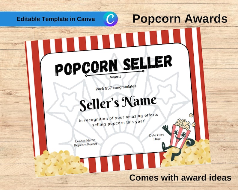 Popcorn Incentive Note Popcorn Fundraising Certificate – Printable Seller Award | Instant ...