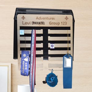 May include: A wooden ribbon and medal display with the text "Adventures Levi (PRIVATE) Group 123". The display has a black mesh backing and holds ribbons and a medal from a science fair.