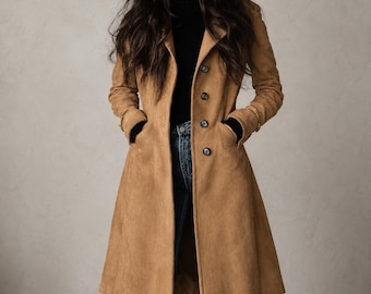 Women’s Camel Suede Leather Trench Coat, Long Tailored Handmade Winter Jacket